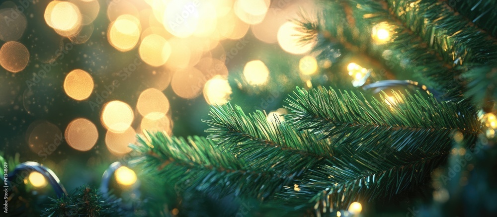 Closeup view of plastic pine leaves with a bokeh effect created by Christmas lights and a blurred background of a Christmas tree in a 3D rendering Closeup view of plastic pine leaves with a bokeh effect created by Christmas lights and a blurred background of a Christmas tree in a 3D rendering