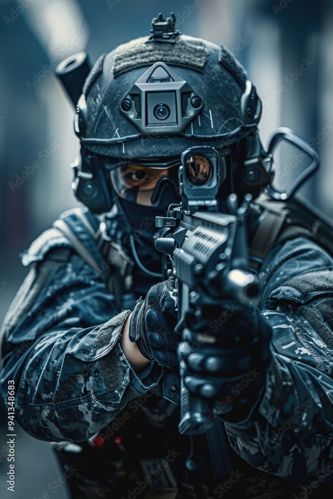 A man in a military uniform holds a gun, ready for action A man in a military uniform holds a gun, ready for action
