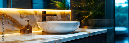 Modern Bathroom Sink with White Marble Countertop and Black Faucet - 3D Illustration