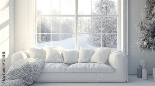 3D rendering of a white room featuring a sofa and a winter landscape visible through the window showcasing Scandinavian interior design