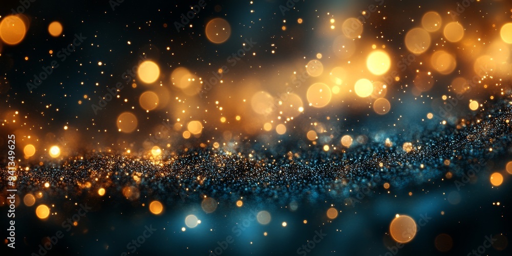 Obraz premium Festive Cyan, Green, and Gold Abstract Bokeh Background: Sparkling Celebration Texture for Holiday Marketing, New Year 2025, National Day, Christmas, and Seasonal Promotions. Elegant Minimalist Design