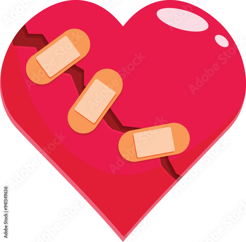 Red heart with a big crack is being repaired with three bandages