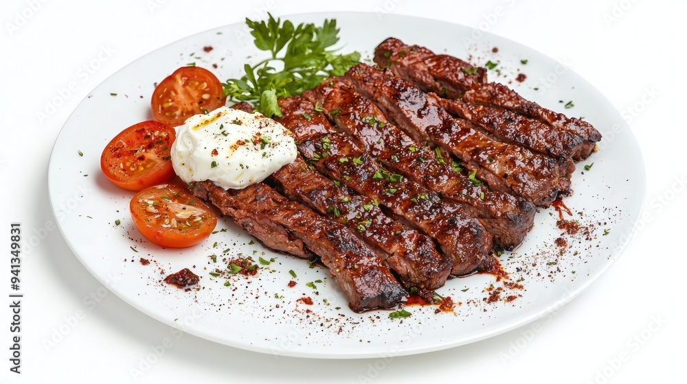 iskender kebab. iskender kebab with butter and yoghurt isolated on white background. Turkish cuisine delicacies. Food tourism.