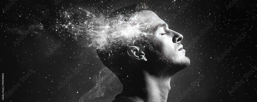A surreal black and white image depicting a man with a cosmic explosion emerging from his mind, symbolizing creativity and imagination. A surreal black and white image depicting a man with a cosmic explosion emerging from his mind, symbolizing creativity and imagination.