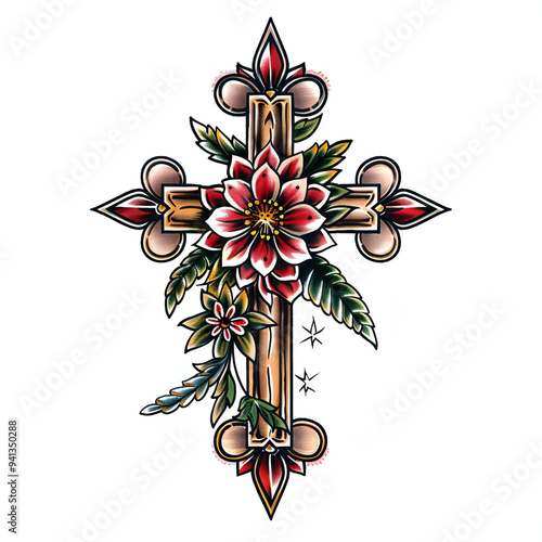 Cross and flower very simple traditional tattoo flash styles illustration