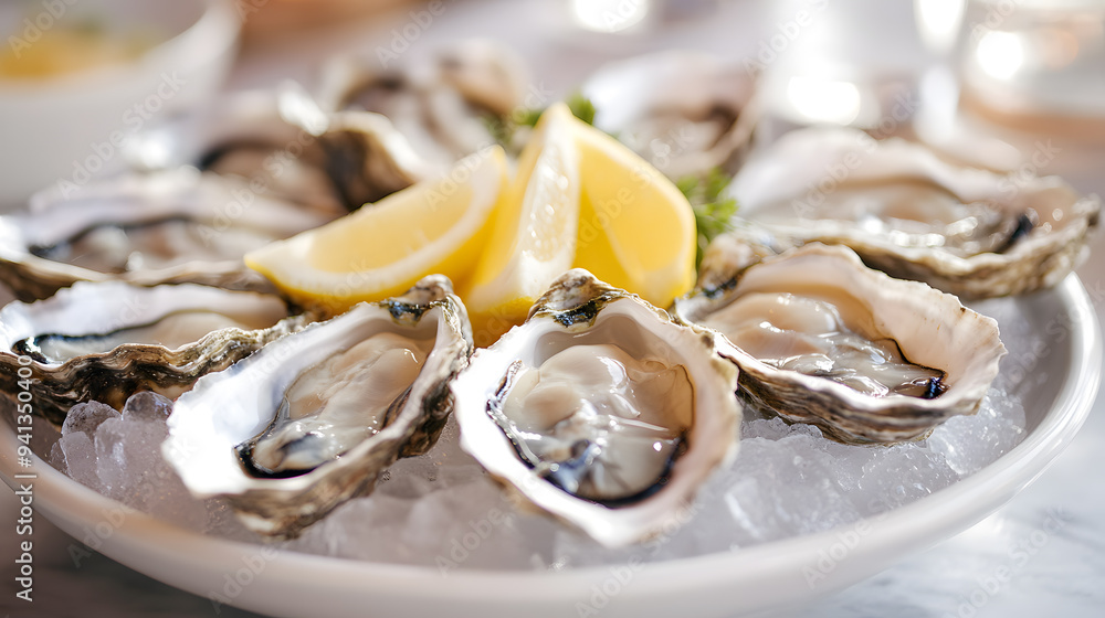 A plate of fresh oysters served on ice with lemon wedges A plate of fresh oysters served on ice with lemon wedges