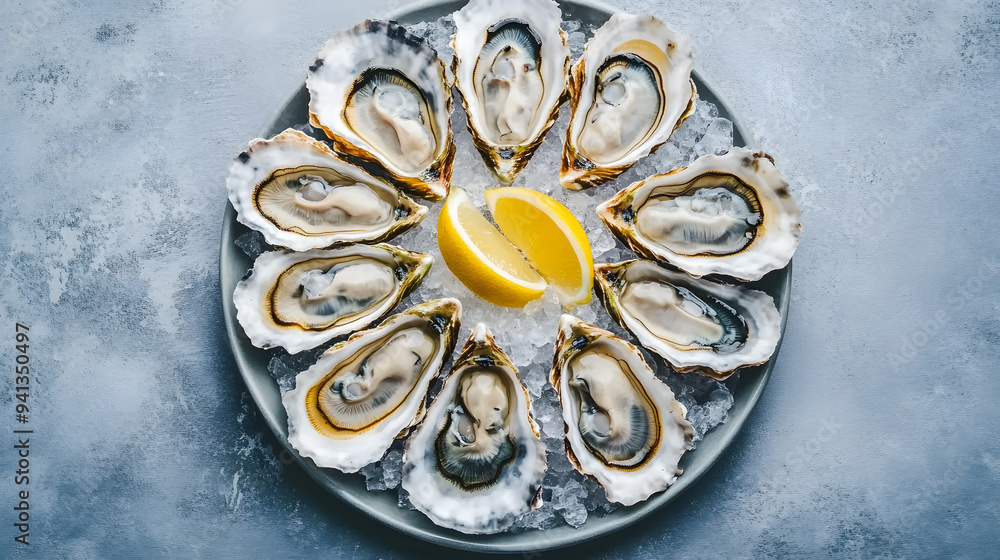 A plate of fresh oysters served on ice with lemon wedges A plate of fresh oysters served on ice with lemon wedges