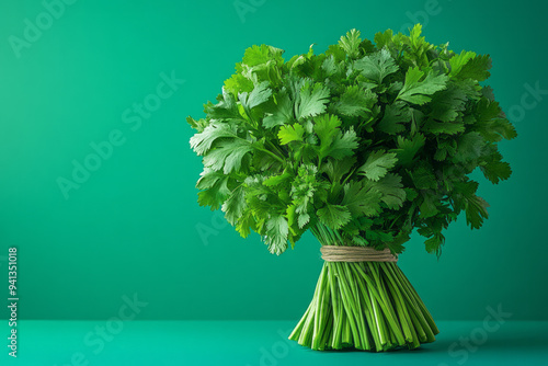 A bundle of fresh herbs like parsley and cilantro, isolated on a pastel mint background, symbolizing natural detoxifiers, photo