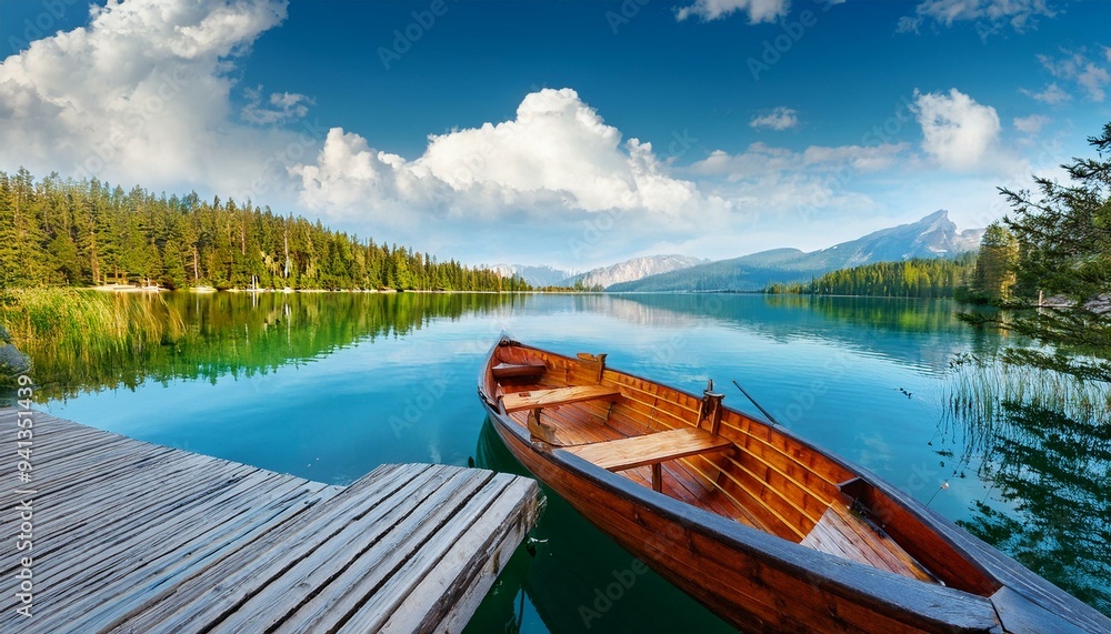 Beautiful lake landscape with row boat and old wooden Beautiful lake landscape with row boat and old wooden