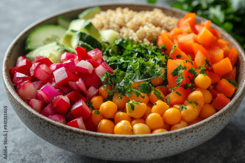 A bowl of quinoa and fresh vegetables, isolated on a pastel beige background, symbolizing clean and wholesome eating, A bowl of quinoa and fresh vegetables, isolated on a pastel beige background, symbolizing clean and wholesome eating,