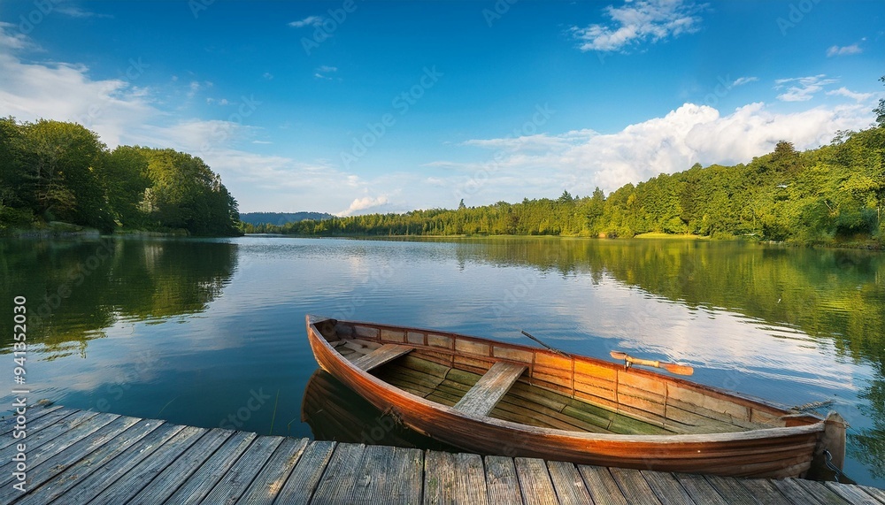 Beautiful lake landscape with row boat and old wooden Beautiful lake landscape with row boat and old wooden
