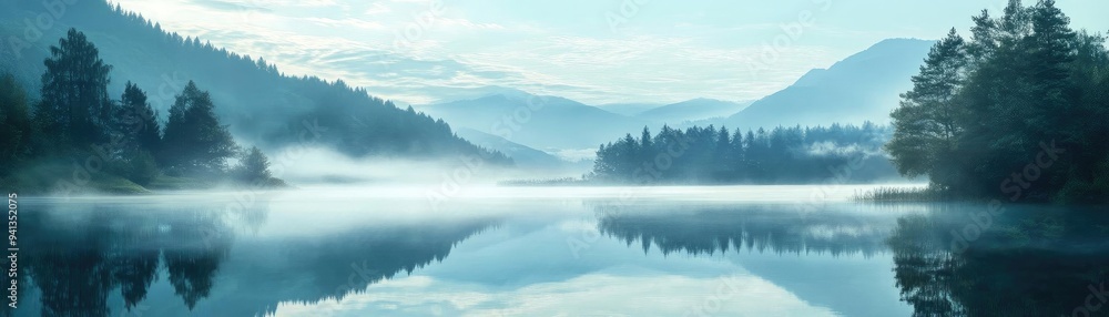 Fototapeta premium Serene landscape featuring a tranquil lake, misty mountains, and lush greenery reflecting on calm waters under soft blue tones.