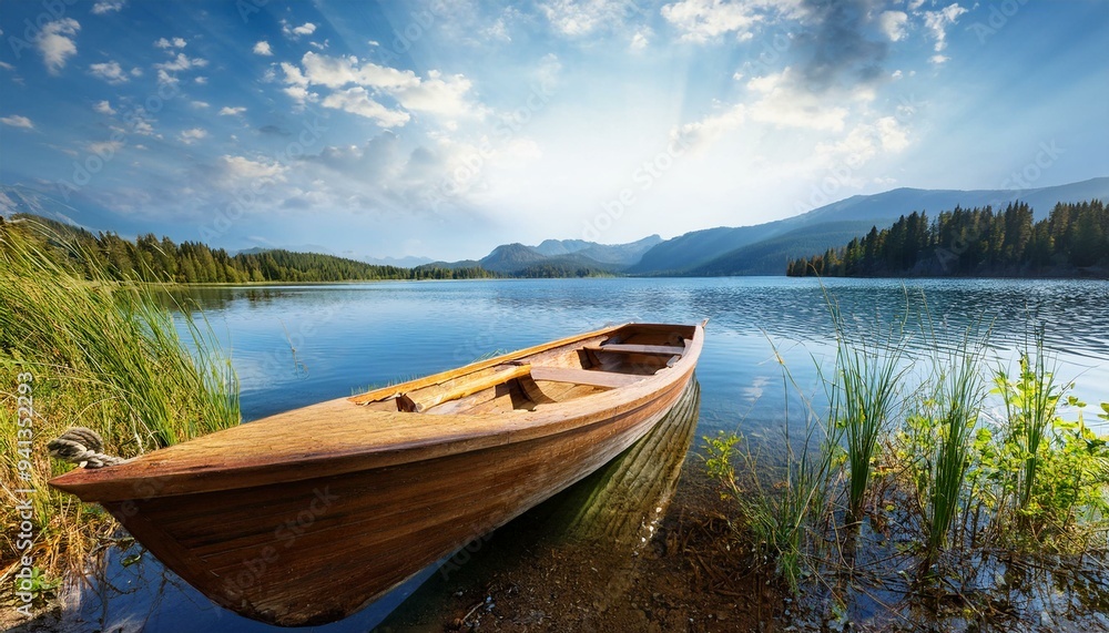 Fototapeta Beautiful lake landscape with row boat and old wooden 