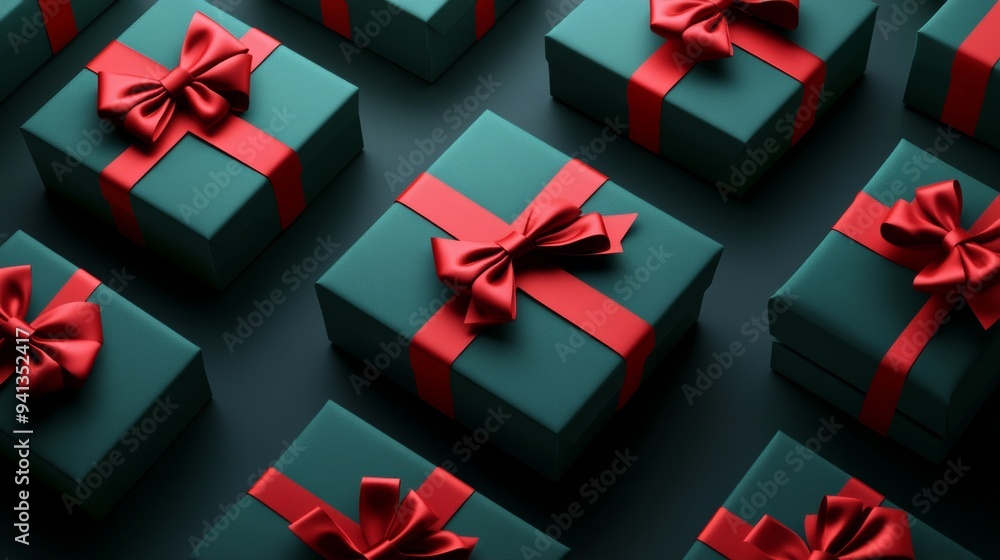 Gift boxes with red ribbons and bows and a dark green background with copy space. Christmas or holiday gift concept. New 2025 year. For cards, banners, or advertisements. Gift boxes with red ribbons and bows and a dark green background with copy space. Christmas or holiday gift concept. New 2025 year. For cards, banners, or advertisements.
