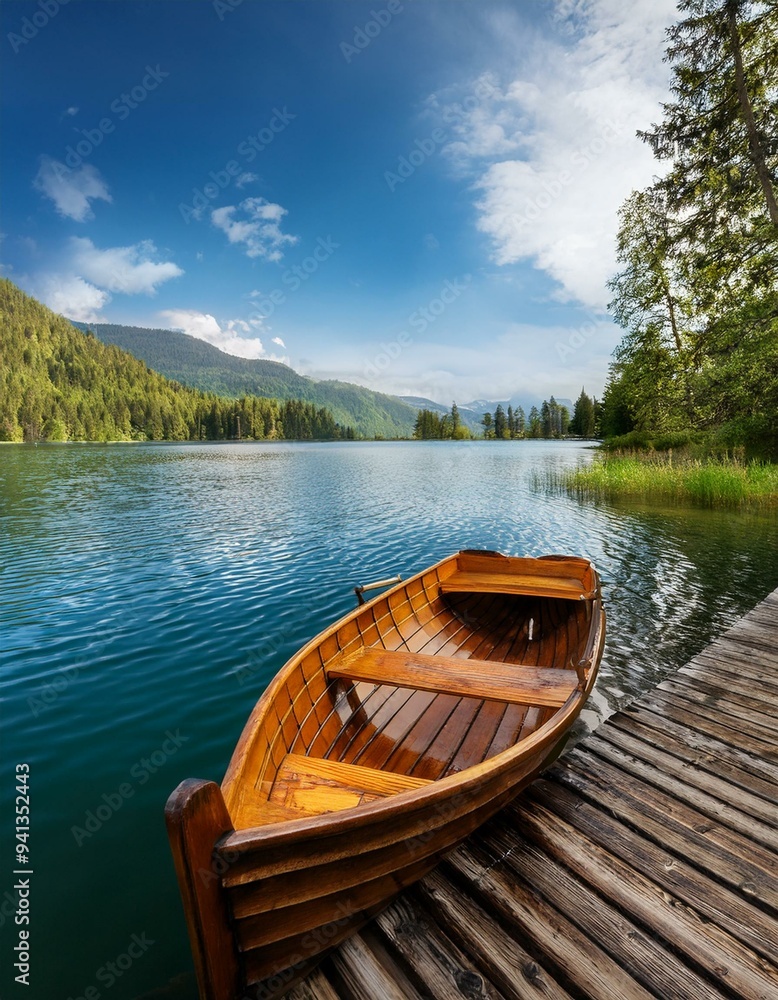 Beautiful lake landscape with row boat and old wooden Beautiful lake landscape with row boat and old wooden