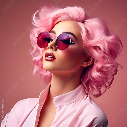 Fashionable female model with Pink Hair, Trendy Sunglasses. Stylish Party Glamour Outfit. Young Beautiful European girl Posing in Studio. Gorgeous fashion woman