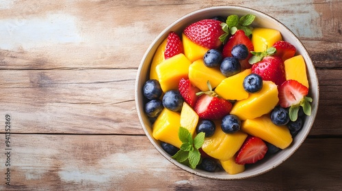 A bowl filled with a vibrant mix of fresh strawberries, blueberries, and mango chunks, garnished with mint leaves, on a rustic wooden table.