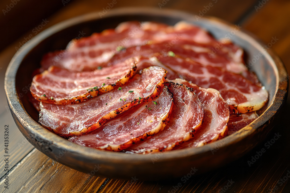 A plate of ham, thinly sliced and arranged on a rustic wooden board, A plate of ham, thinly sliced and arranged on a rustic wooden board,