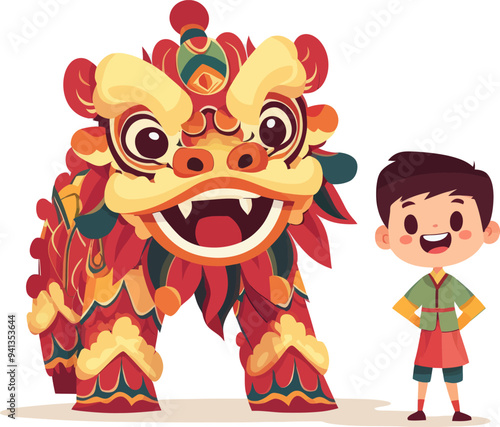 For Chinese New Year, lion dance with big head Buddha performance with flat design photo