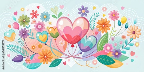 Vibrant pastel-colored whimsical illustration of intertwined hearts, flowers, and balloons in a hand-drawn abstract anniversary vector design with subtle gradient effects and elegant typography.