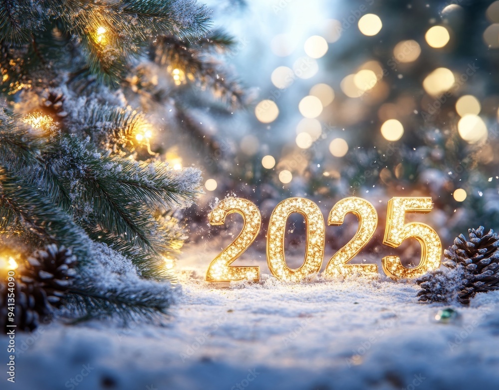 In the snowy forest on a starry night are new year 2025 gold numbers with pin trees In the snowy forest on a starry night are new year 2025 gold numbers with pin trees
