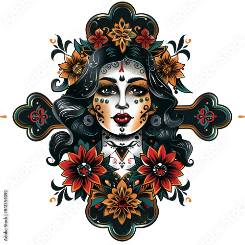 Cross shape concept of chicano girl very simple traditional tattoo flash styles illustration