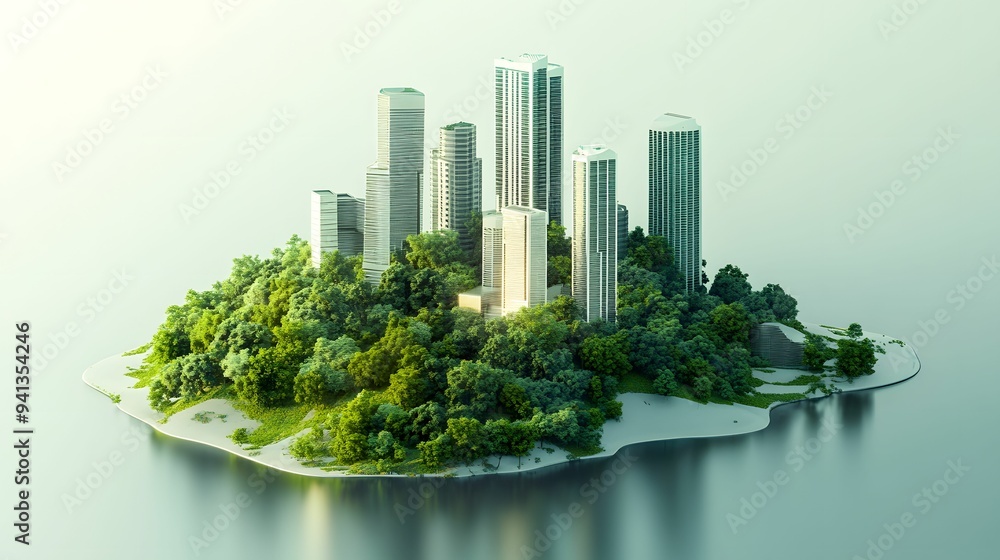 Fototapeta premium A futuristic city with tall skyscrapers and abundant greenery on a small island, showcasing an innovative blend of urban development and nature.