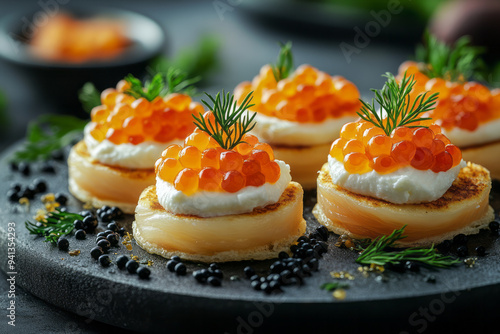 A plate of caviar, beautifully presented with blinis and crÃ¨me fraÃ®che,