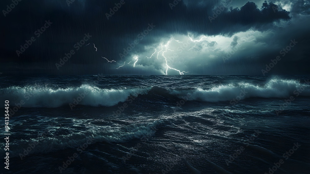Dark stormy ocean scene with crashing waves and lightning illuminating ...