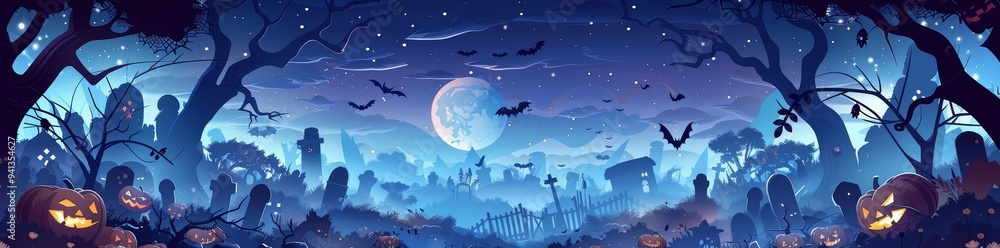 Dark, haunted Halloween forest landscape with bats in the sky at full moon at night. Spooky Halloween wallpaper background illustration. Dark, haunted Halloween forest landscape with bats in the sky at full moon at night. Spooky Halloween wallpaper background illustration.