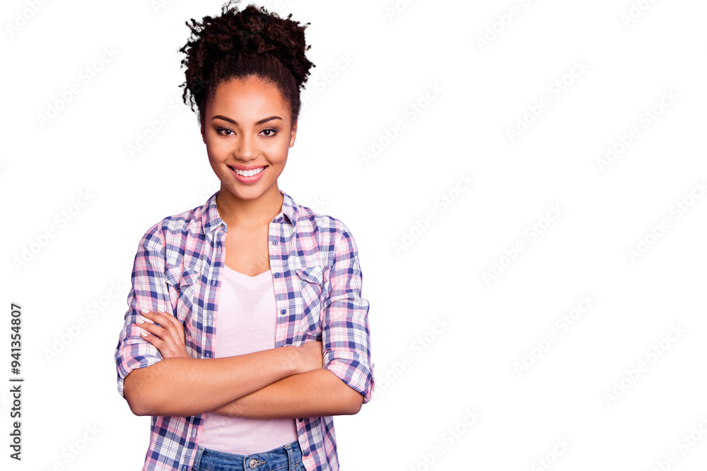 Portrait of her she nice-looking charming cute winsome attractive lovely cheerful cheery wavy-haired girl wearing checked shirt isolated over violet purple pastel background Portrait of her she nice-looking charming cute winsome attractive lovely cheerful cheery wavy-haired girl wearing checked shirt isolated over violet purple pastel background