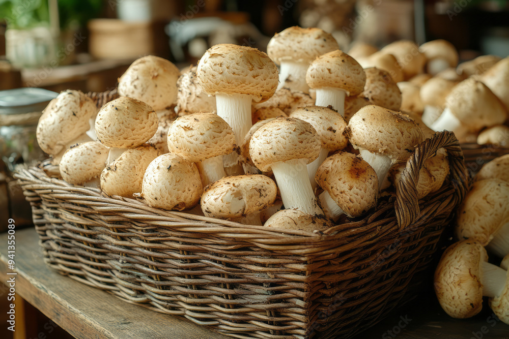 A rustic basket filled with freshly foraged Matsutake mushrooms, placed on a wooden table, symbolizing the connection between nature and Japanese culinary tradition, A rustic basket filled with freshly foraged Matsutake mushrooms, placed on a wooden table, symbolizing the connection between nature and Japanese culinary tradition,