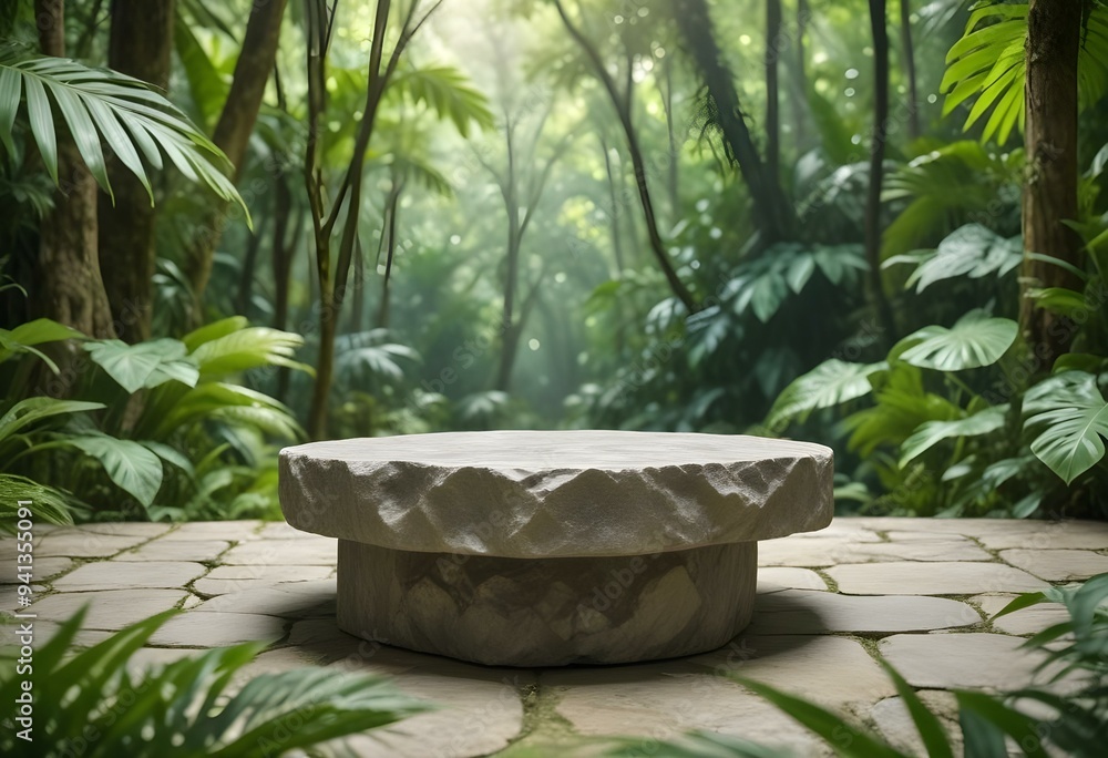 Stone tabletop podium floor in outdoors tropical garden forest blurred green leaf plant nature background.Natural product placement pedestal stand display,jungle paradise concept. Stone tabletop podium floor in outdoors tropical garden forest blurred green leaf plant nature background.Natural product placement pedestal stand display,jungle paradise concept.