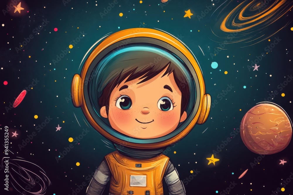 Cute Cartoon Child Astronaut in Space Cute Cartoon Child Astronaut in Space