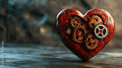 A rustic red heart with visible gears and cogs, symbolizing a steampunk aesthetic, mechanical love, and industrial design elements.