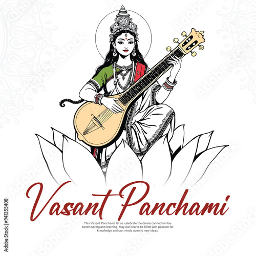 Happy vasant panchami with goddess saraswati social media post banner template