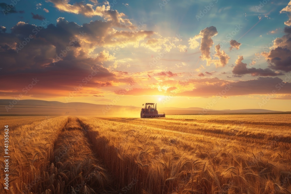 Fototapeta premium A tractor drives through a golden wheat field during sunset
