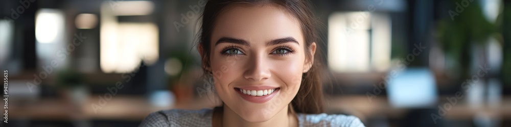 Confident and Beautiful Businesswoman Smiling at Camera in Modern Office: Professional Portrait for Corporate Marketing, Website Templates, and Promotional Campaigns. Elegant Composition with Copy Spa Confident and Beautiful Businesswoman Smiling at Camera in Modern Office: Professional Portrait for Corporate Marketing, Website Templates, and Promotional Campaigns. Elegant Composition with Copy Spa