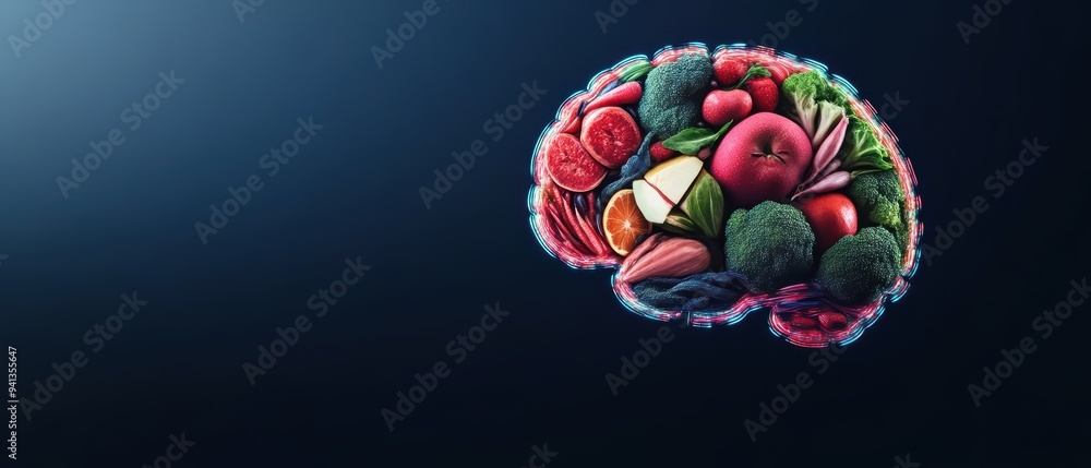 Fototapeta premium A creatively designed brain composed of various colorful fruits and vegetables, symbolizing health and nutrition.