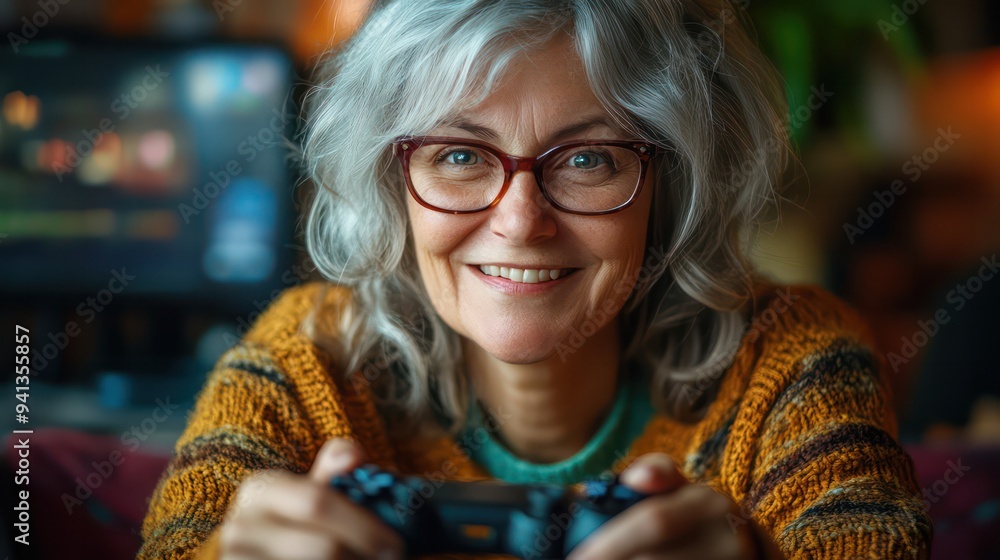 A Middle-aged woman smiles as she wins her favorite video game and record moments of personal success. A Middle-aged woman smiles as she wins her favorite video game and record moments of personal success.