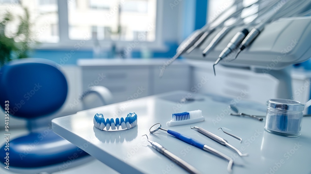 Assortment of dental tools, dentures, and a toothbrush lie on a table in a contemporary dental clinic, ready for use. Assortment of dental tools, dentures, and a toothbrush lie on a table in a contemporary dental clinic, ready for use.