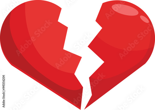Red heart is breaking apart, symbolizing a painful separation or loss