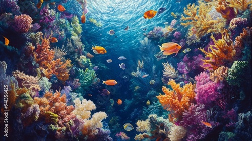 Wallpaper Mural A detailed view of a vibrant coral reef teeming with various species of fish, captured from a top-down perspective showing the dynamic movement. Torontodigital.ca