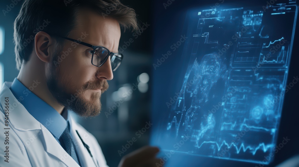 A focused doctor analyzing medical data on a futuristic display, showcasing advanced technology in healthcare and diagnosis. A focused doctor analyzing medical data on a futuristic display, showcasing advanced technology in healthcare and diagnosis.