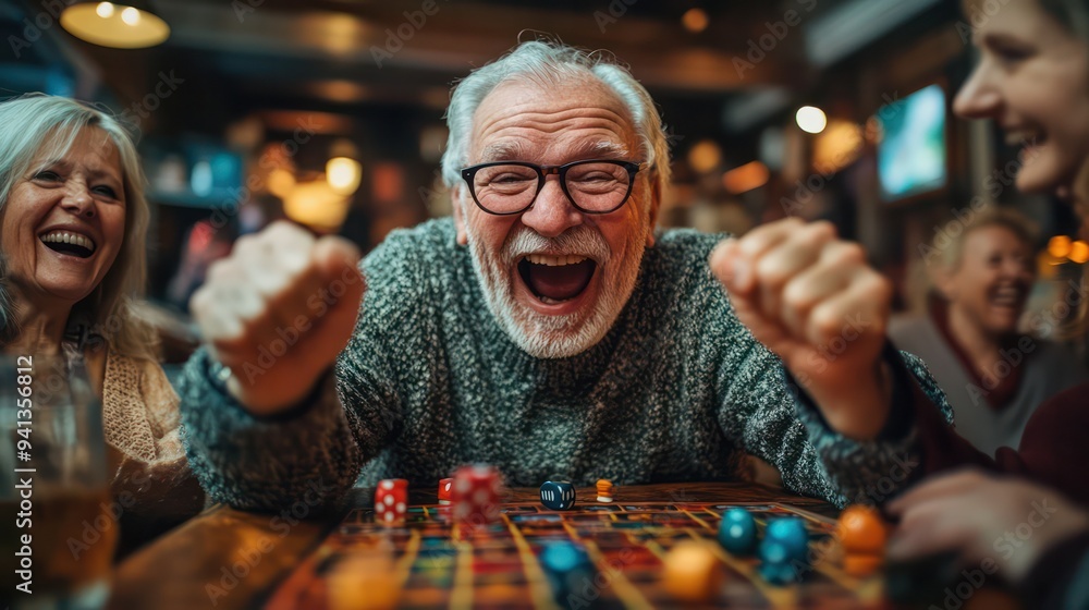 Seniors enjoy lively game nights. Take turns cheering each other on. and shows the social side of gaming. Seniors enjoy lively game nights. Take turns cheering each other on. and shows the social side of gaming.