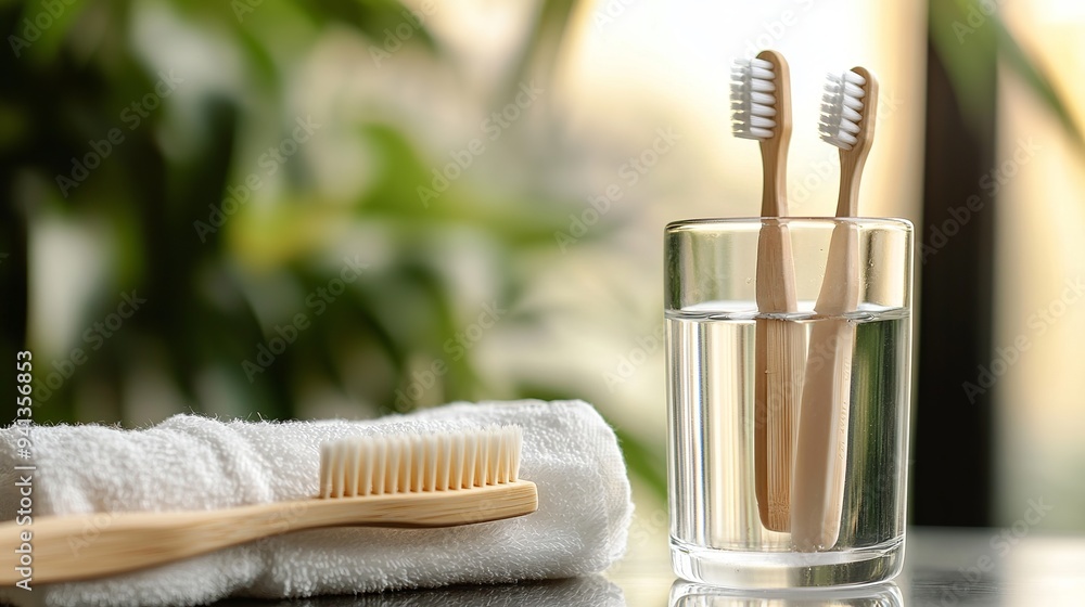 Bamboo toothbrush, towel, and water glass: these eco-friendly products promote oral care and sustainability. Opt for biodegradable personal care choices to reduce your environmental impact. Bamboo toothbrush, towel, and water glass: these eco-friendly products promote oral care and sustainability. Opt for biodegradable personal care choices to reduce your environmental impact.