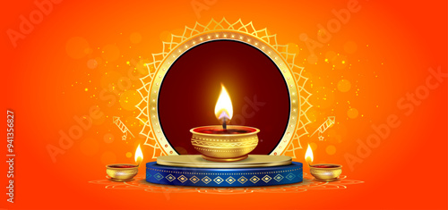 Vector Illustration of festive Diwali background. 3D podium, golden, Luxury vintage frame and sparkle promotional celebration background.