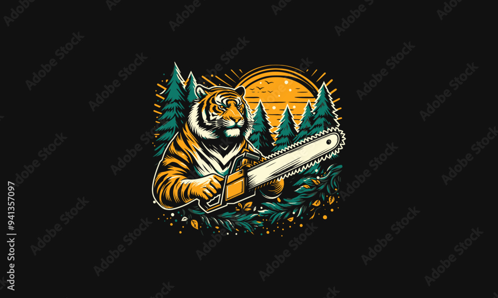 tiger holding saw on forest vector illustration flat design tiger holding saw on forest vector illustration flat design