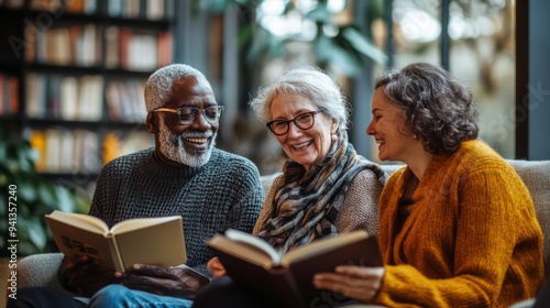 Older adults participating in a book club discussion in a cozy corner, highlighting shared intellectual pursuits and the joy of reading together. photo