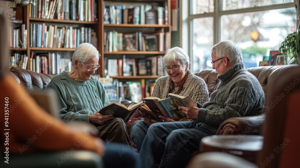 Older adults participating in a book club discussion in a cozy corner, highlighting shared intellectual pursuits and the joy of reading together. Older adults participating in a book club discussion in a cozy corner, highlighting shared intellectual pursuits and the joy of reading together.